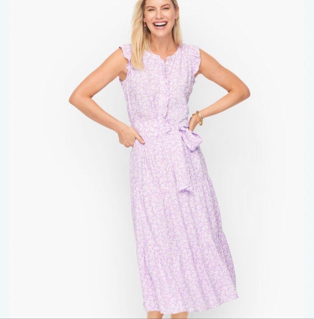 Talbots Tiered Midi Dress in Floral Vines flutter cap sleeves size 10P